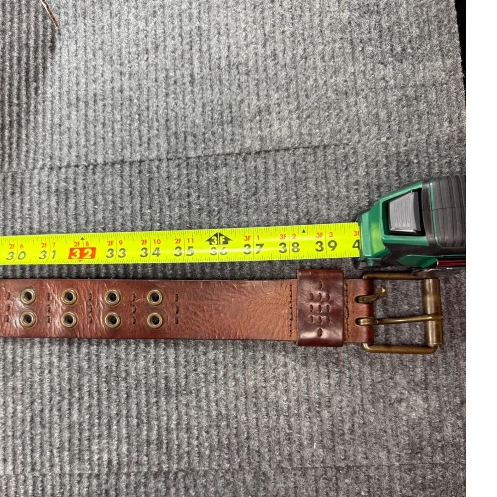 Vintage Distressed Brown Leather Grommet Belt Triple Prong Brass Buckle 40 Inch